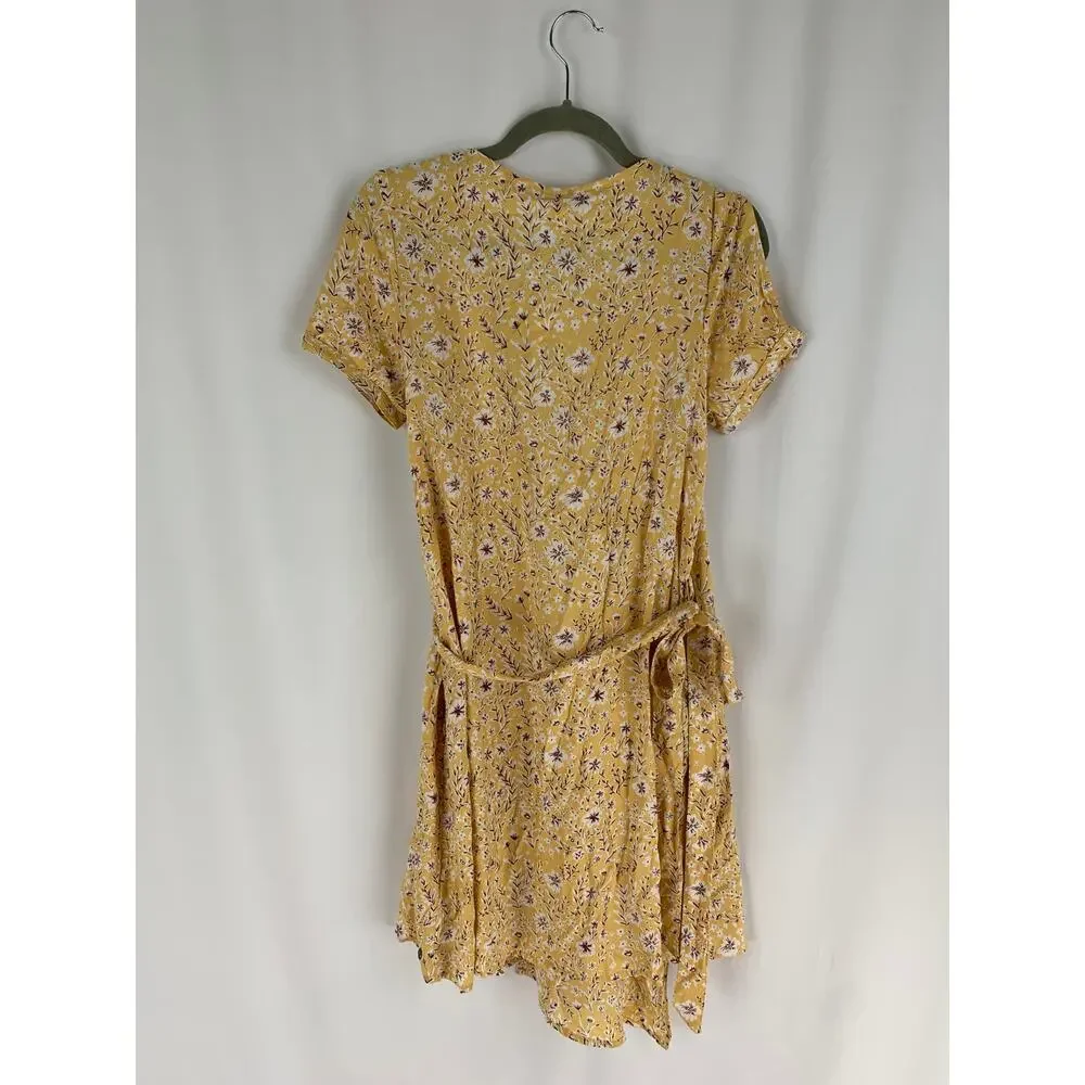 Roxy Floral Short Sleeve Wrap Mini Dress Womens Size Small Yellow New